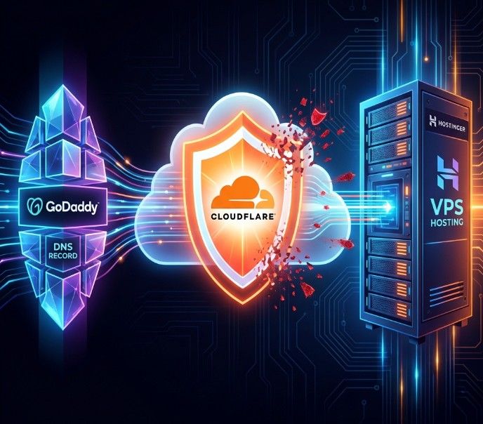 Secure Production Architecture Using Cloudflare DNS with GoDaddy and Hostinger VPS